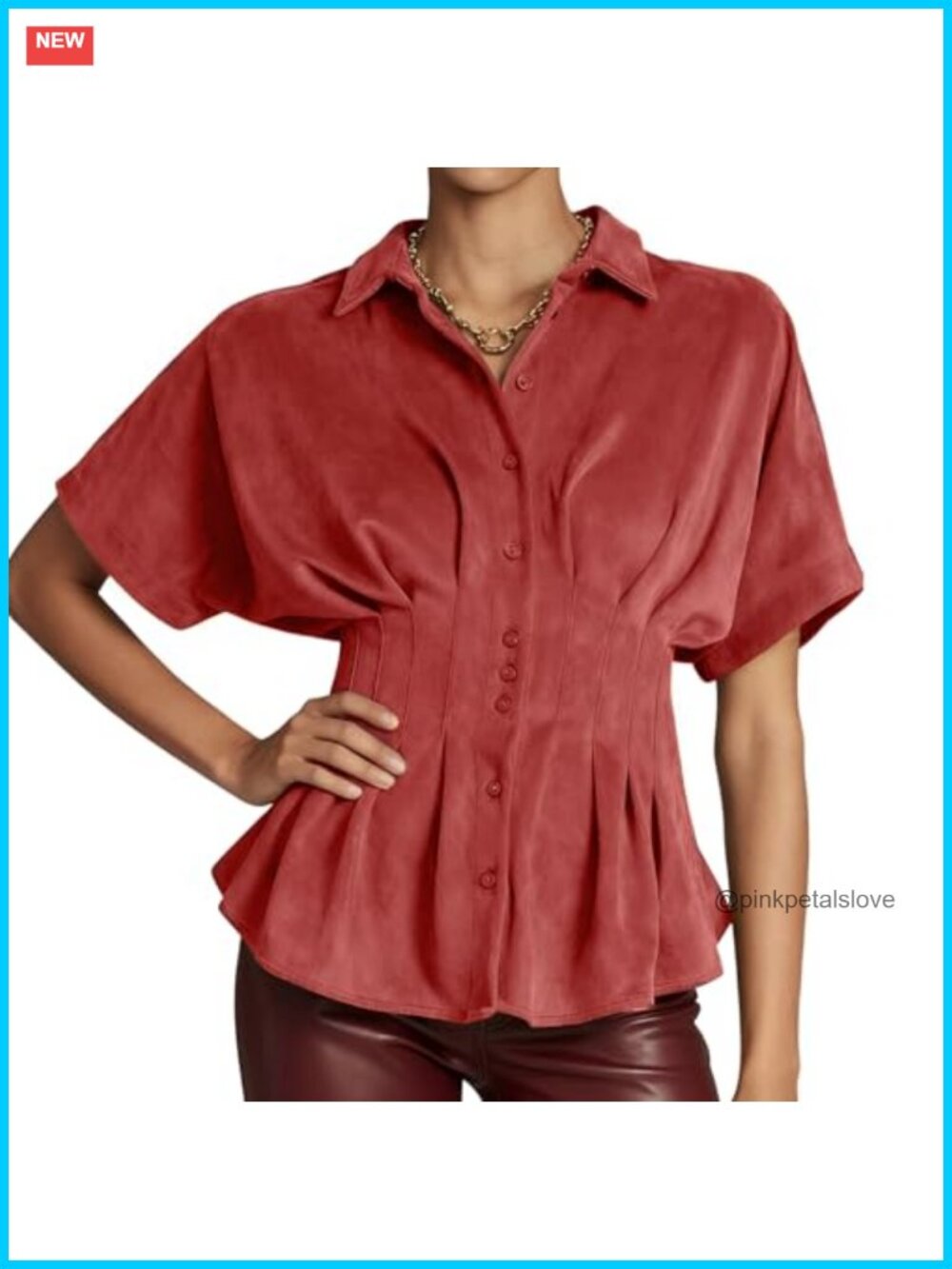 Faux Suede Button Down Peplum Top Short Sleeve Flared Shirt